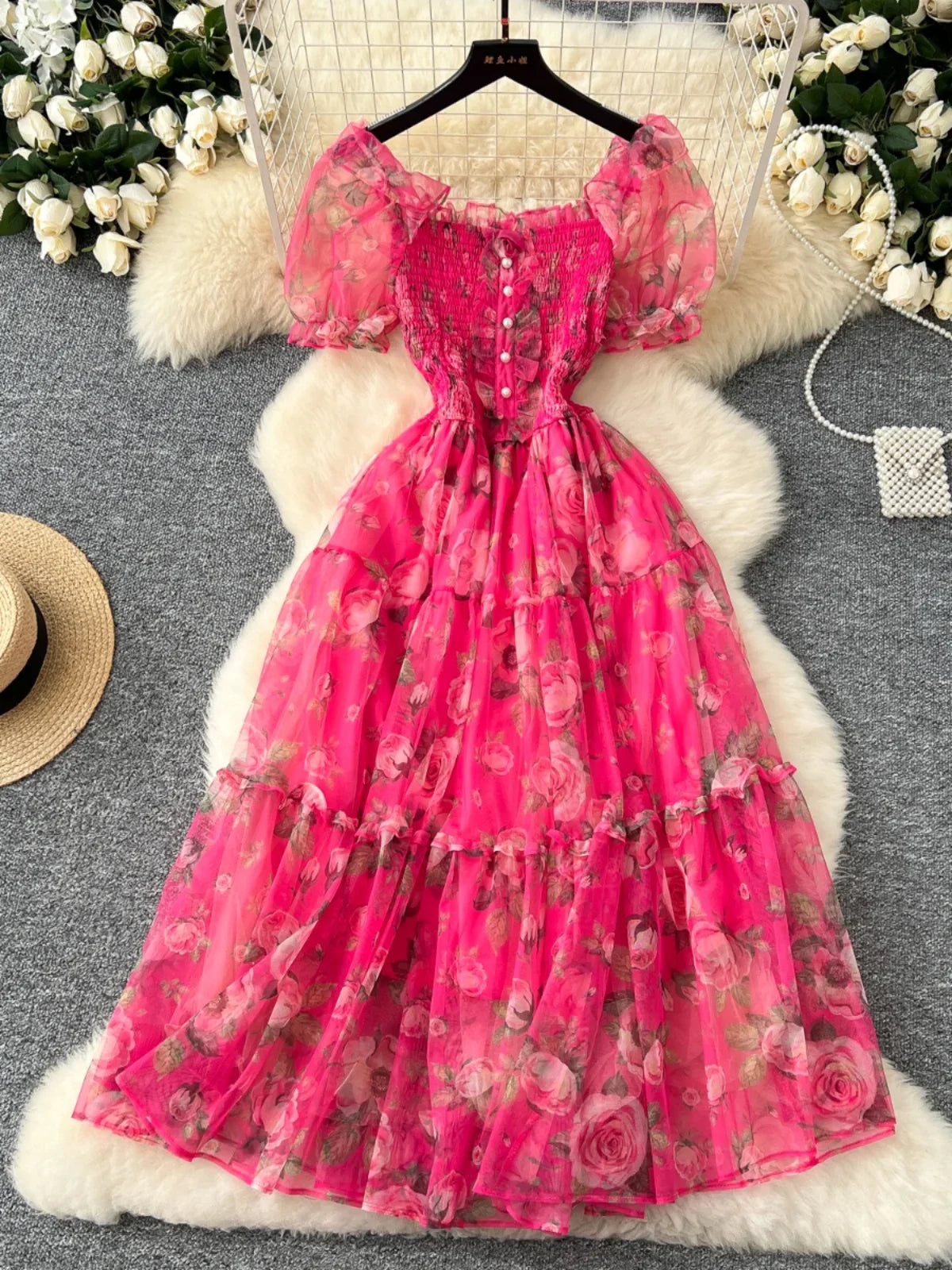 Retro Floral Chiffon Dr Women's Waist Cinched One oulder Bubble Sve Me Skirt Commute Korean Sle High Waist A-Line...