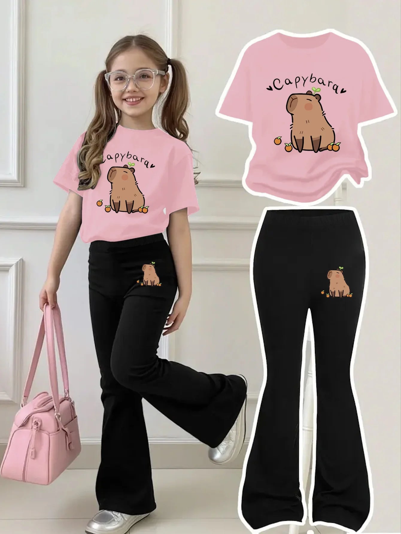 Cute Capybara Print Outfit for Girls Aged 4-12, Pink Short-Sleeved Shirt with Cartoon Capybara Print, Adorable and Playful, Decorated with Small Oranges Around It, with the Text "Capybara" in English on Top, Super Cute), Pair
