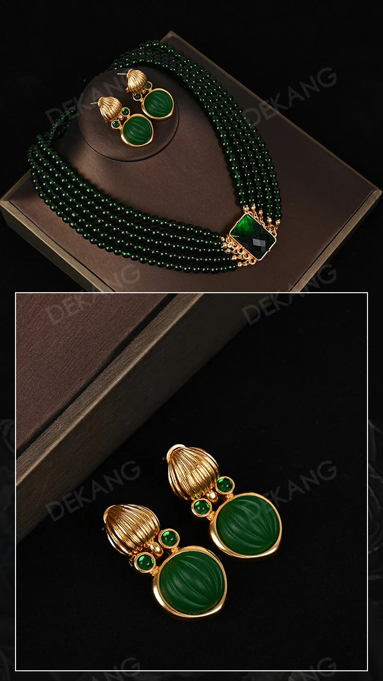 Exaggerated Green Crystal And Glass Multi-Layered Wearing Set Necklace Earrings