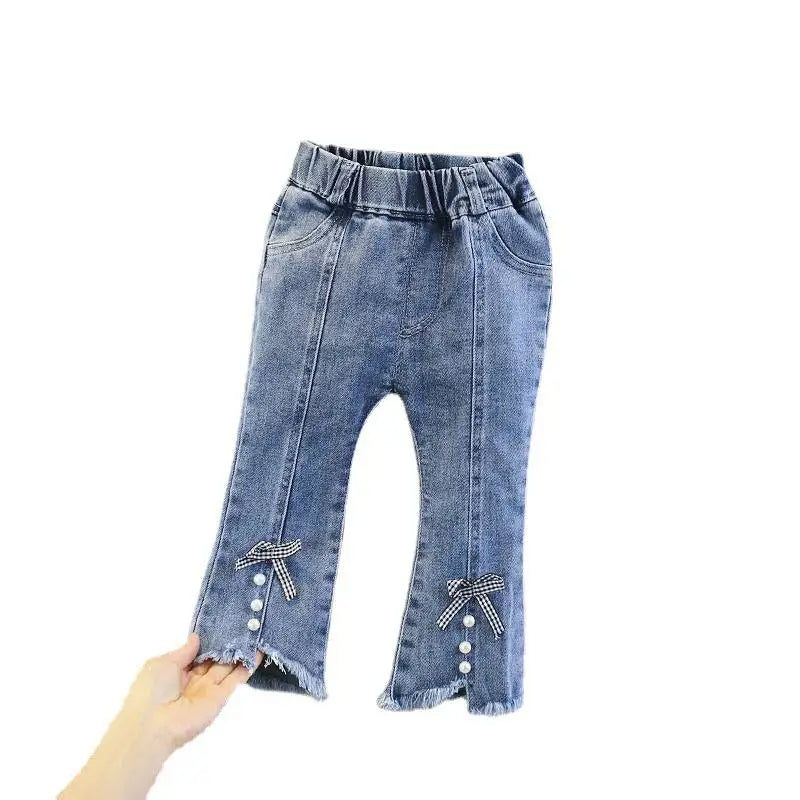 New Spring Kids Jeans Children Cute Bow Lace Denim Blue Pants Girls Embroidered Daisy Trousers
