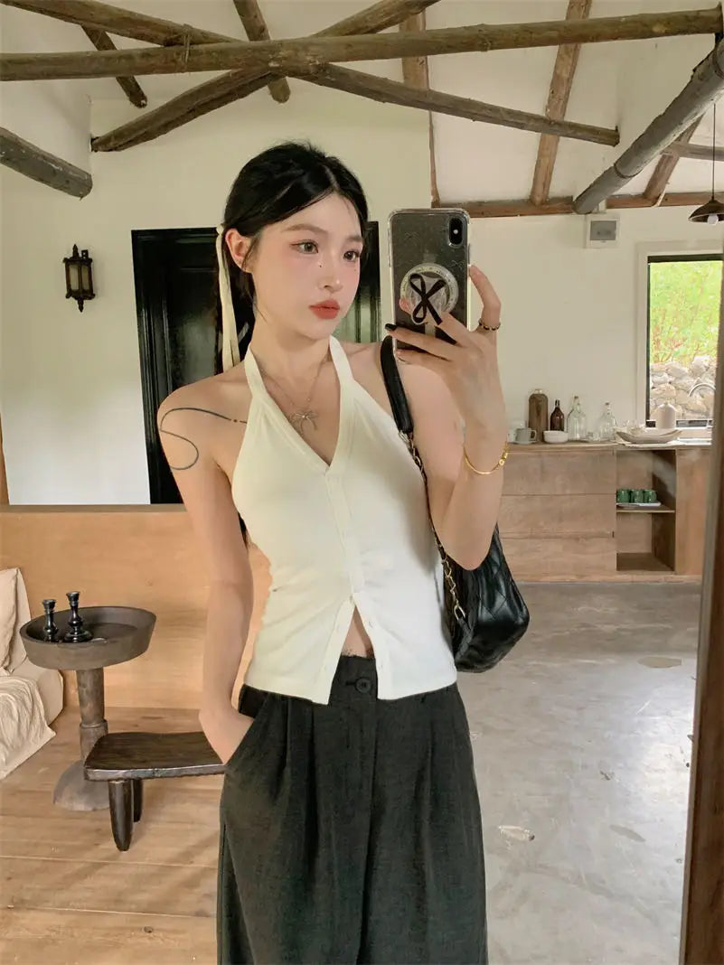 Sexy Spicy Girl Pure Color Design V-Ne Hanging Ne Vest Women's Summer Slim ort Matched with Chest Pad Top