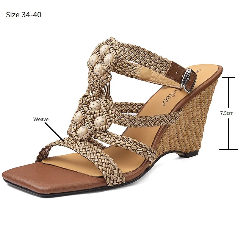 Drestrive 2025 New Arrival Fashion Women's Sandals Square Toe Wedges Weave Buckle Thick High Heels Top Quality Summer Shoes