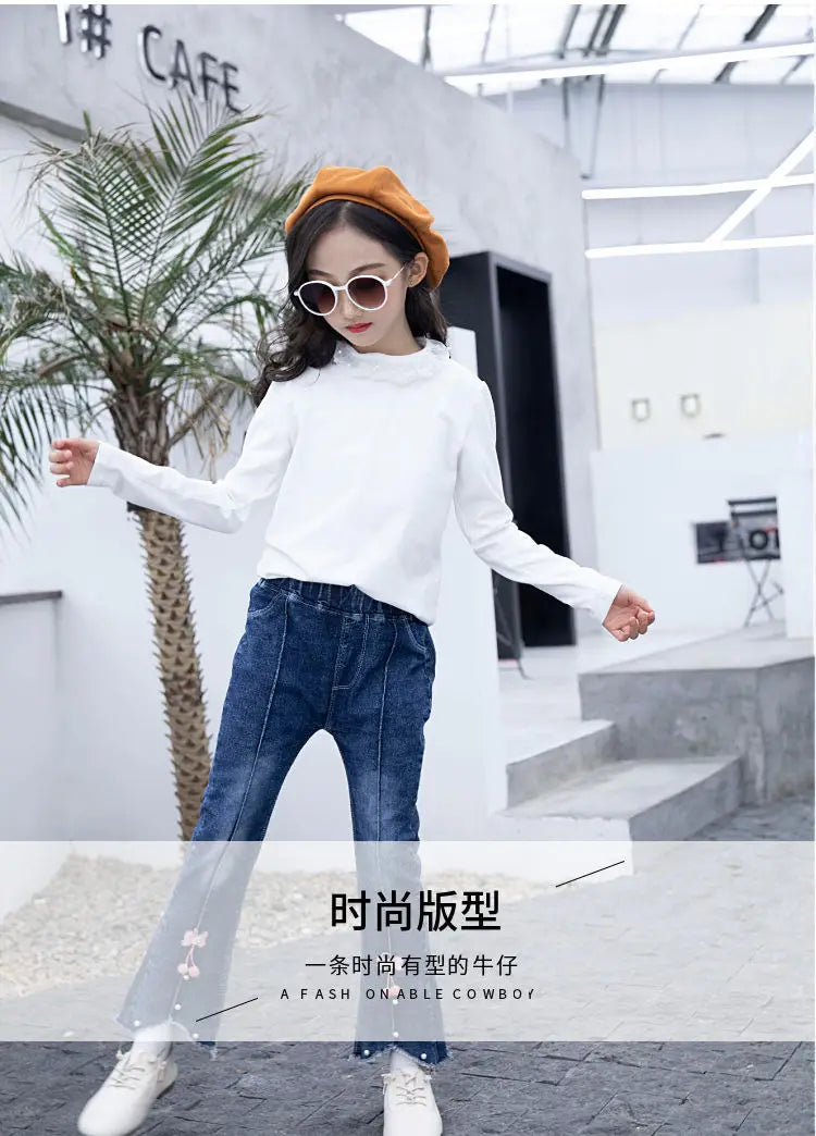 Girls Blue Jeans for Children's Fashion Clothing Princess Kids Denim Wide-leg Pants Baby Teens Girl Flared Bow Applique Trousers