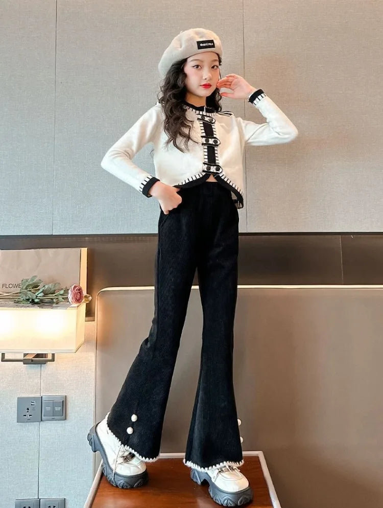Girl's Autumn Winter New Mid-Weight Flared Jeans with Integrated Fleece-Lining, Stylish Casual Pants for Tween Girls