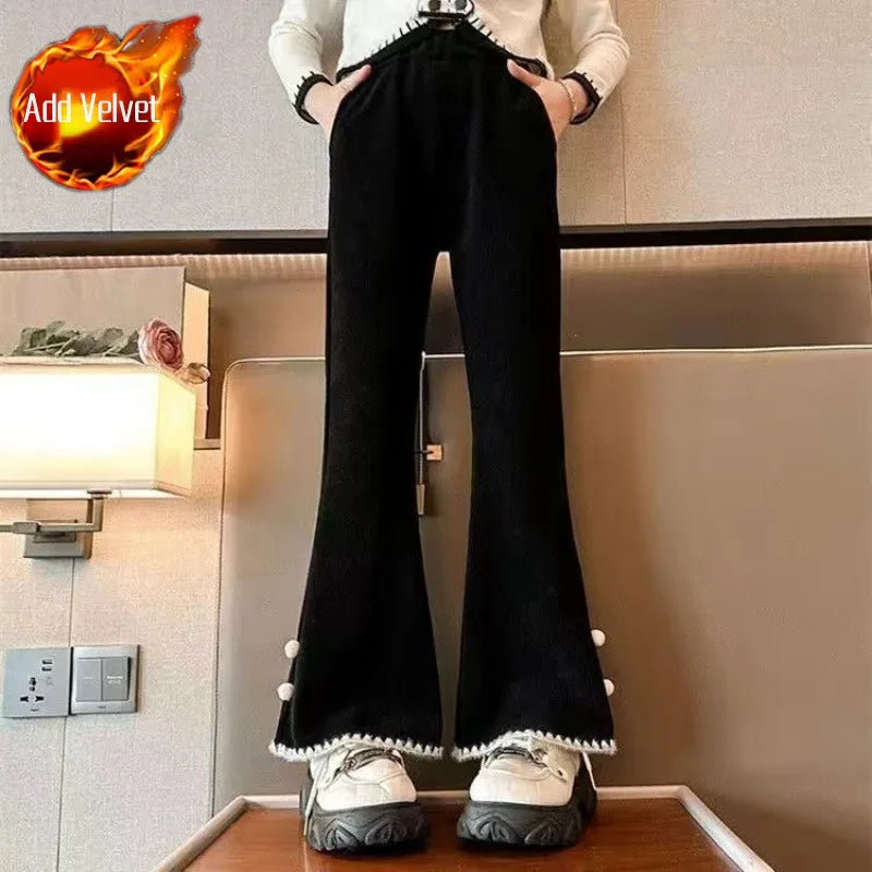 Girl's Autumn Winter New Mid-Weight Flared Jeans with Integrated Fleece-Lining, Stylish Casual Pants for Tween Girls
