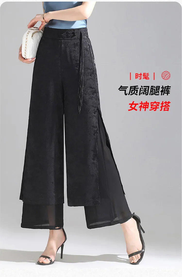 Chiffon Wide Wide Trousers Female Elegant Vintage New Pants Summer Thin Split Loose Skirt Pants Women Black Green