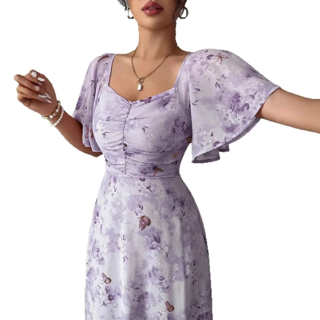 Fashionable Long Floral Print Dress Women's New Summer Slimming Age-Defying Dress Empire Waist Bubble Sleeve Knee-Length