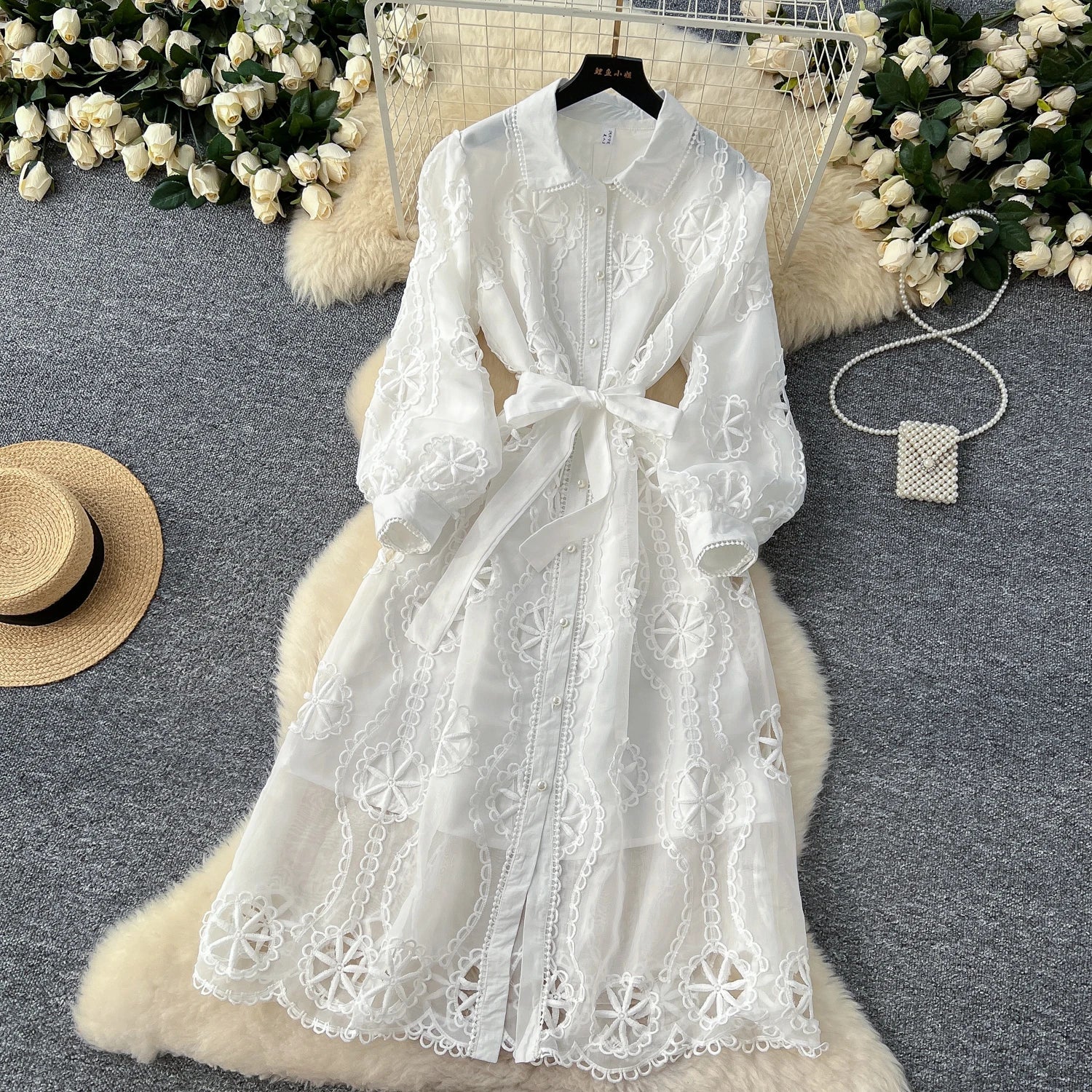 Elegant Embroidery Vintage Lantern Sleeves Lapel Single Breasted Chic Bandage Slim Long Dresses Women High Street Clothing