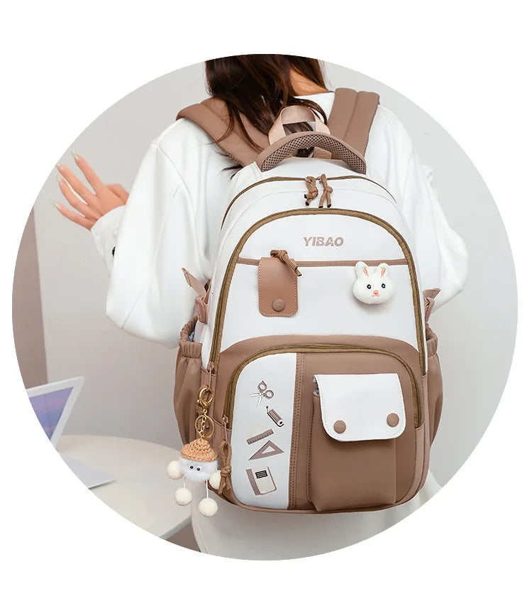 New cute rabbit children school backpack Fashionable splicing color contrast fresh lady knapsack kids schoolbags bring a doll