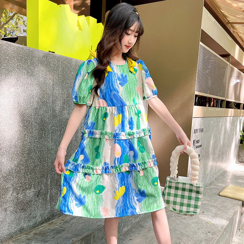 Summer Dress Girl Korean Style Sweet Floral Print Casual Kids Ruched Dresses Toddler Girls Clothes 4 5 6 7 8 9 10 12 14 Year Old