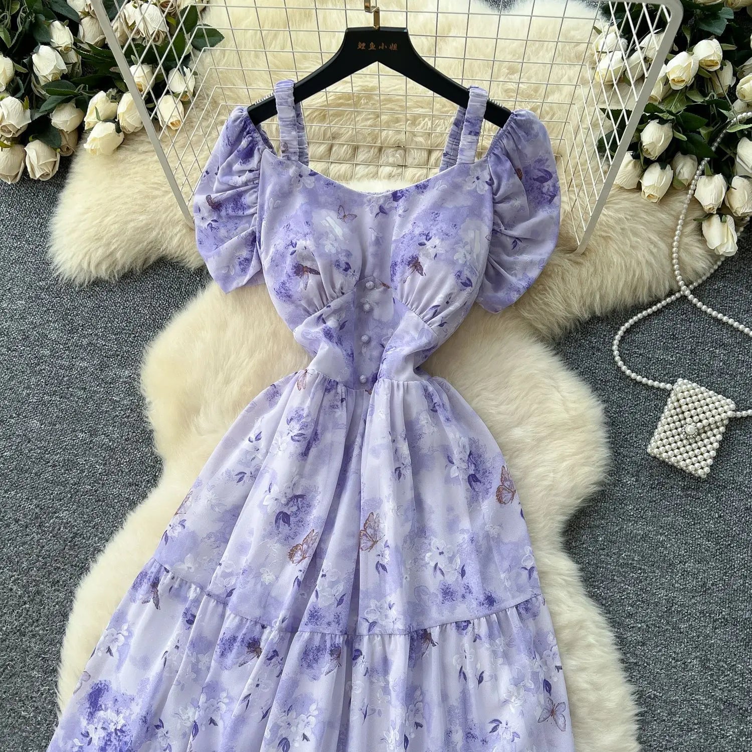 Summer 2025 French Style New Fashion Women's Elegant Trendy Printed Short Puff Sleeve Ankle Length Slim Dresses Female Clothes