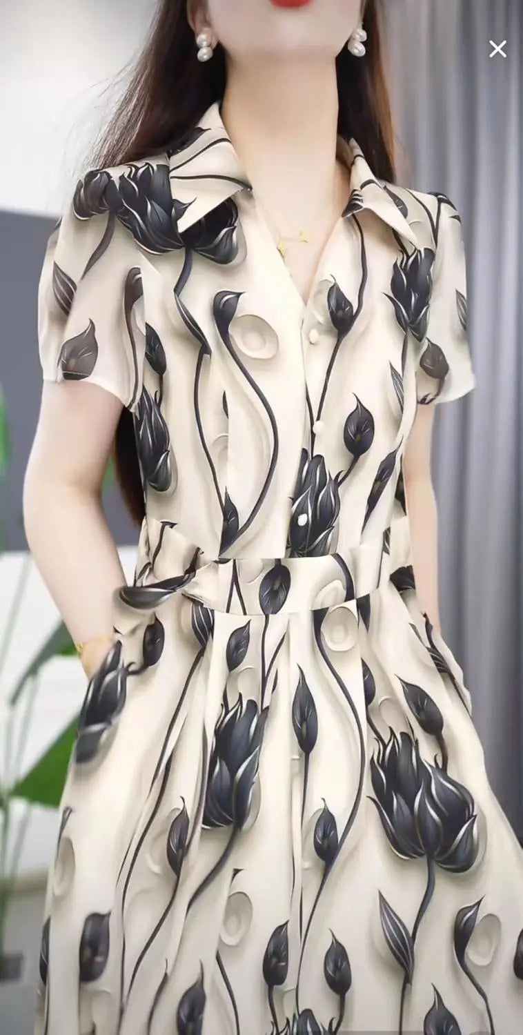 Women's Exquisite Printed Short Sleeved Dress 2024 Summer New Elegant And Beautiful Medium-length Shirt Skirt Mother's Outfit