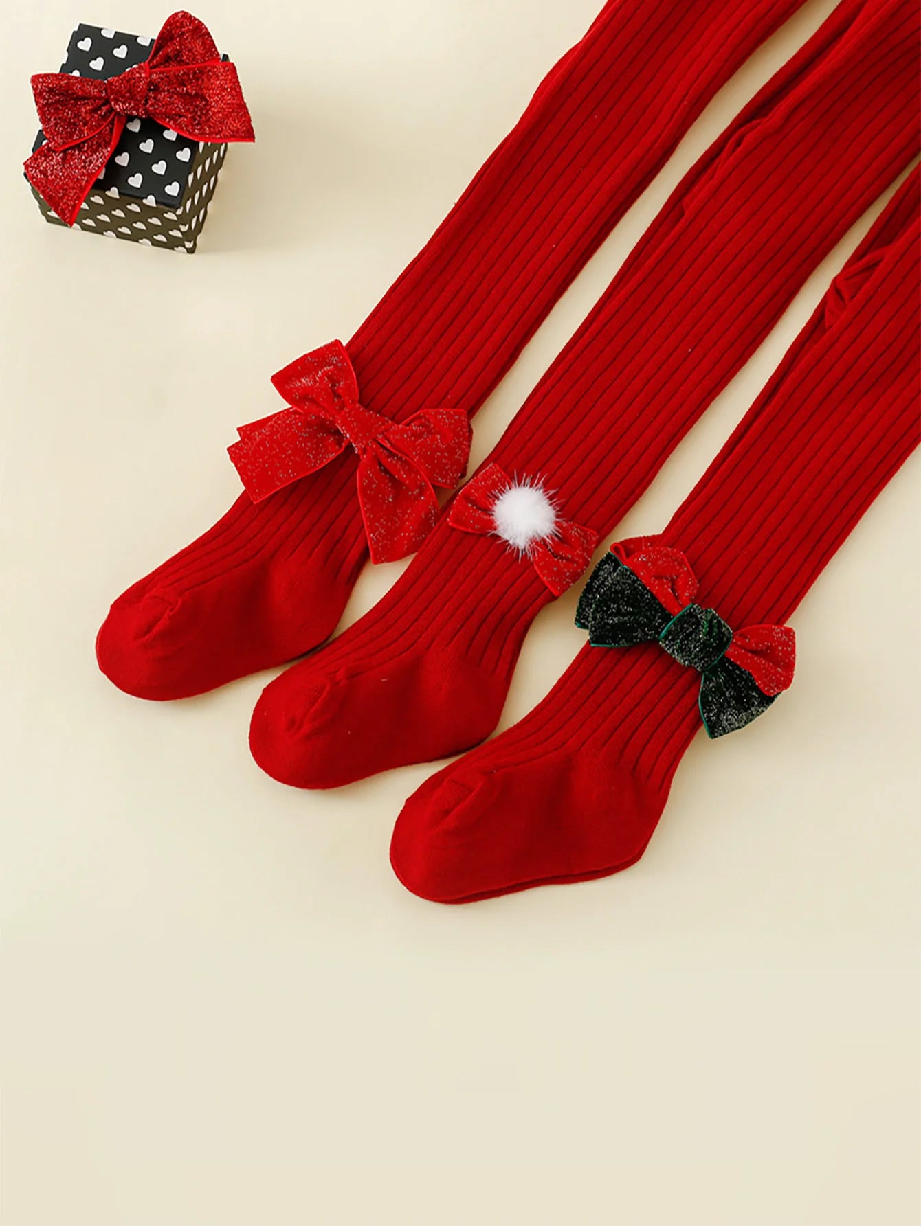 3 Pairs Girls Bow Decorations Red Pantyhose Fashionable and Sweet Children's Leggings Soft Non-Slip for Kids to Wear in Daily Life