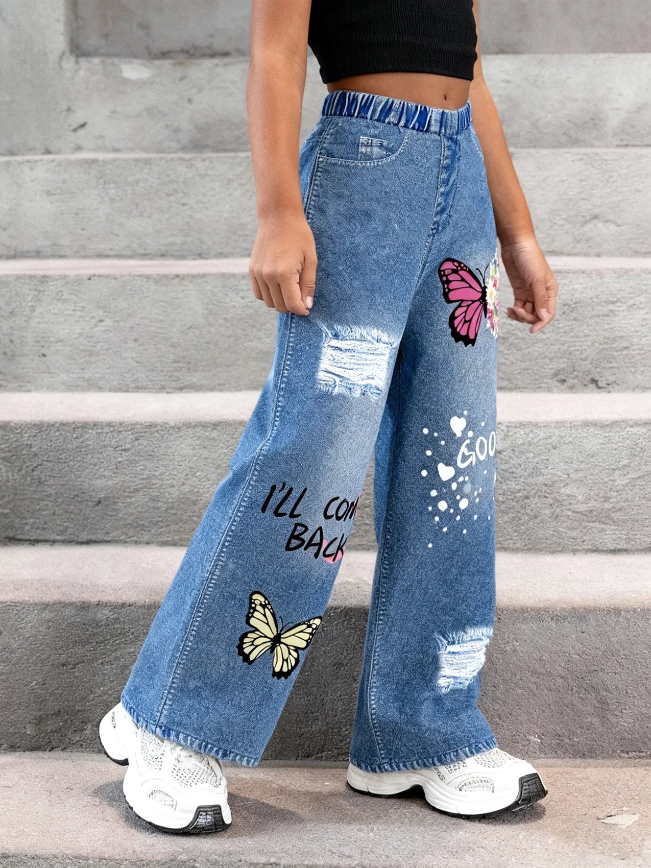 2025Girls' Y2K Butterfly Print Ripped Faux Jeans High-Rise Elastic Waist Loose Wide-Leg Faux Jeans