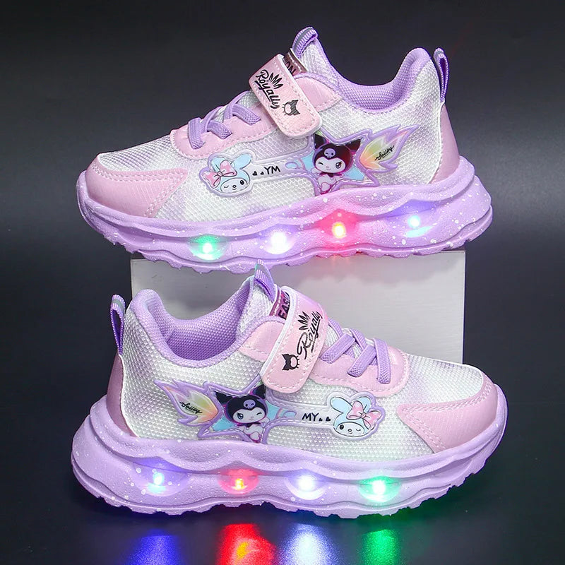 Kulomie girls' shoes with lights 2025 autumn new mesh breathable sports shoes leather waterproof soft-soled running shoes