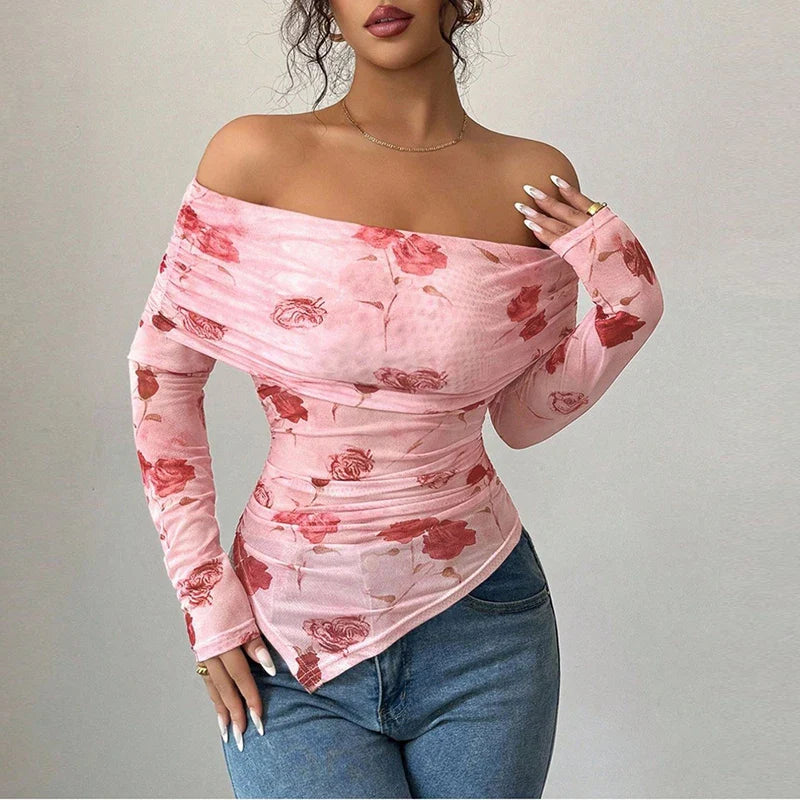 Sexy Irregular Off Shoulder Printed Long Sleeve T-Shirt Women Elegant Slim Fit T Shirts For Women Fashion Tops Tee