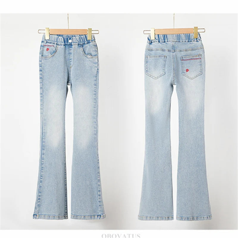 Child Slim Close-fitting Heart Pattern Flared Jeans For Girls Elegant Boot Cut Denim Leggings Pants Kids Fashion Jeans Trousers