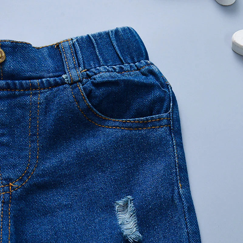 Children's Jeans Children's Clothing Autumn New Style Girls' Versatile Straight Tube Hole Casual Korean Style Boys' Pants