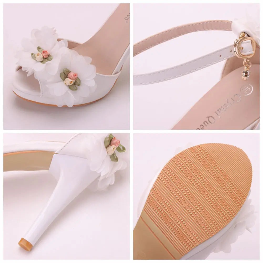 Summer new round-toed fish mouth white PU rhinestone lace flower wedding shoes banquet large size thin high-heeled women sandals