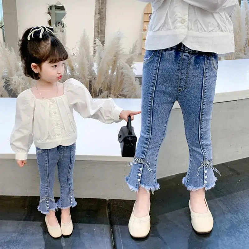 New Spring Kids Jeans Children Cute Bow Lace Denim Blue Pants Girls Embroidered Daisy Trousers