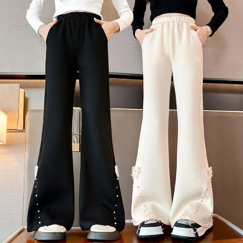 Kids Flare Pants with Bows For Girl Casual Style Children Bell Boot Cut Trousers Fashion Design Grey Black Color Sweatpants 5-14