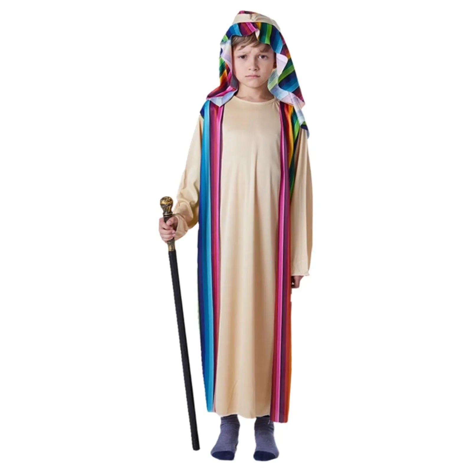 Boys Ethnic Gown Beige Rainbow Stage Clothing Striped Tunic Hooded Capelet Themed Cosplay Party 2026 Stylish Lively Outfit Abito