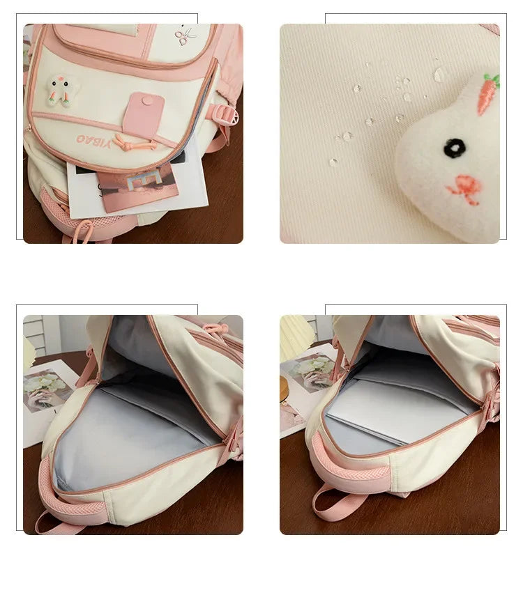 New cute rabbit children school backpack Fashionable splicing color contrast fresh lady knapsack kids schoolbags bring a doll