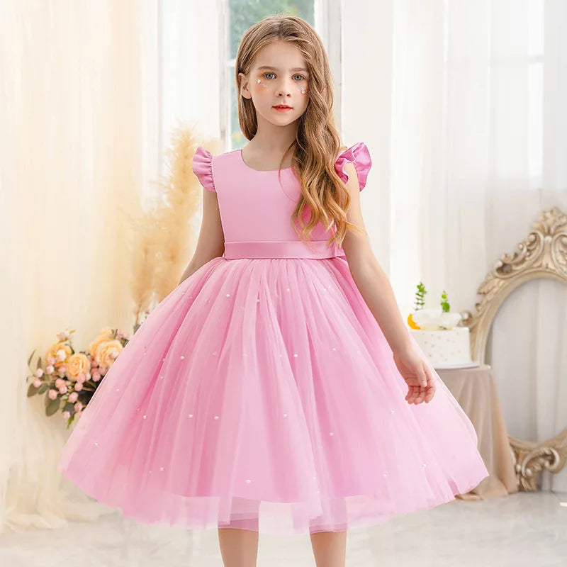 Baby Girl Party Dress Back Bow Elegant Flying Sleeve Mesh Tutu Dress with Pearl Solid Flower Girl Wedding Dress Birthday Gowns
