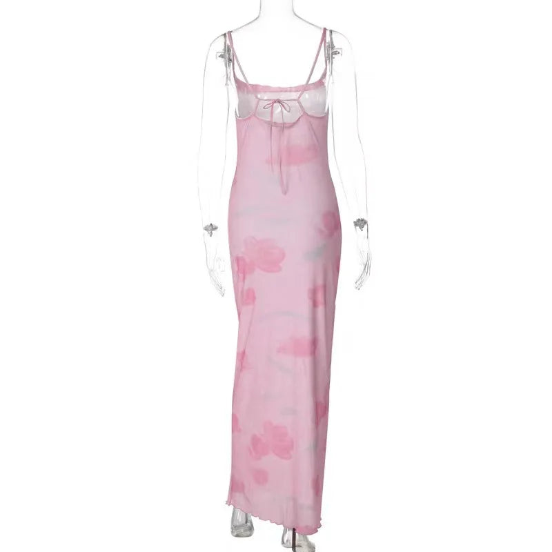 European and American Women's Fashion New Sweet and Spicy Style Off-Shoulder Mesh Printed Long Camisole Dress