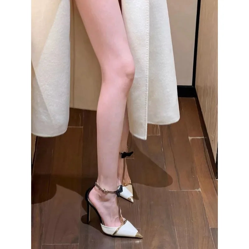 High heeled women's 2025 new hollow pointed color blocked niche butterfly bow metal toe cap straight strap thin heel sandals