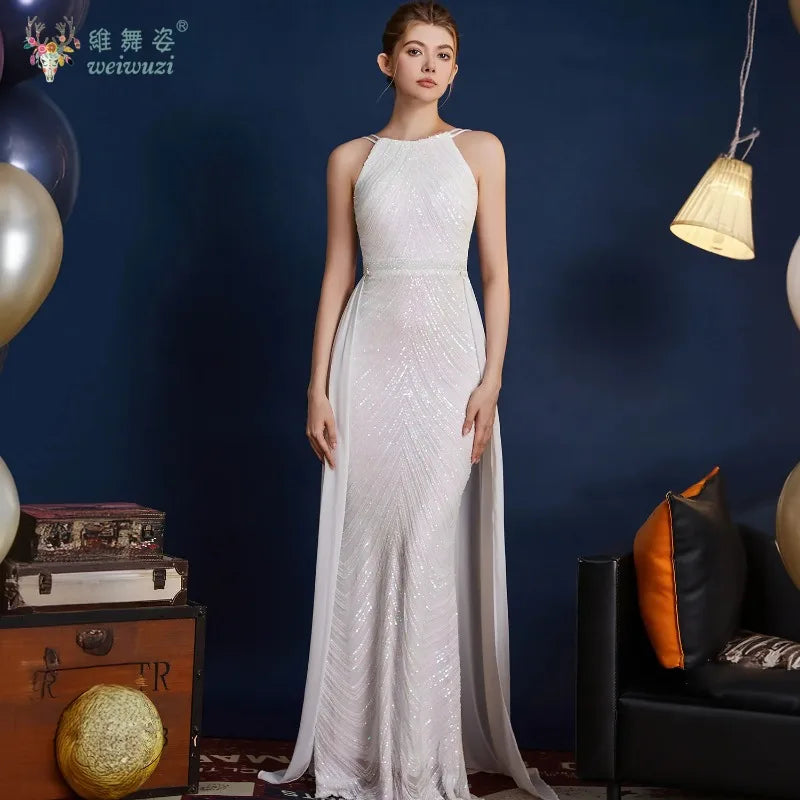 Chic High Sleeveless Sexy Backless Beading Sequined Mermaid Formal Evening Dresses Birthday Party Prom Gowns Elegant Luxury