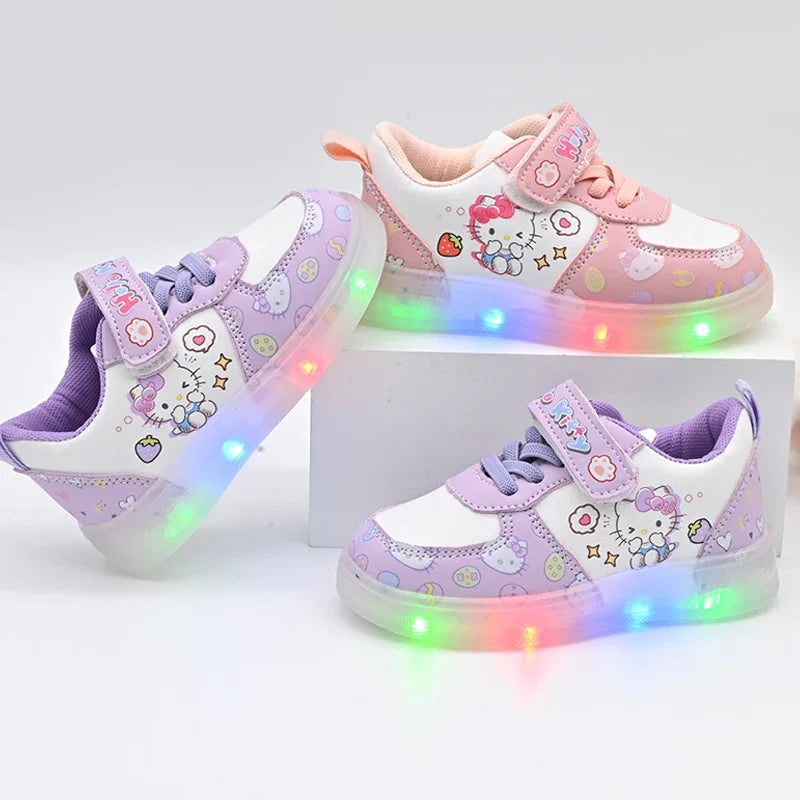 Children's Led Light Shoes Fashion Hello Kitty Girls Sneakers Cute Cartton Casual Shoes Breathable Kids Sport Shoes Gift