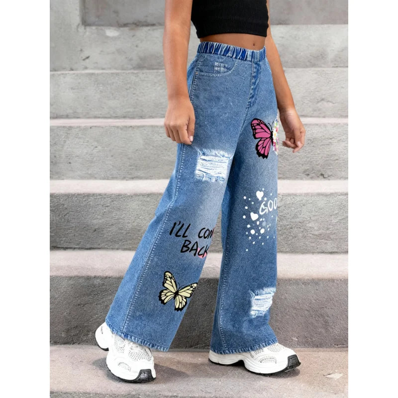 2025Girls' Y2K Butterfly Print Ripped Faux Jeans High-Rise Elastic Waist Loose Wide-Leg Faux Jeans