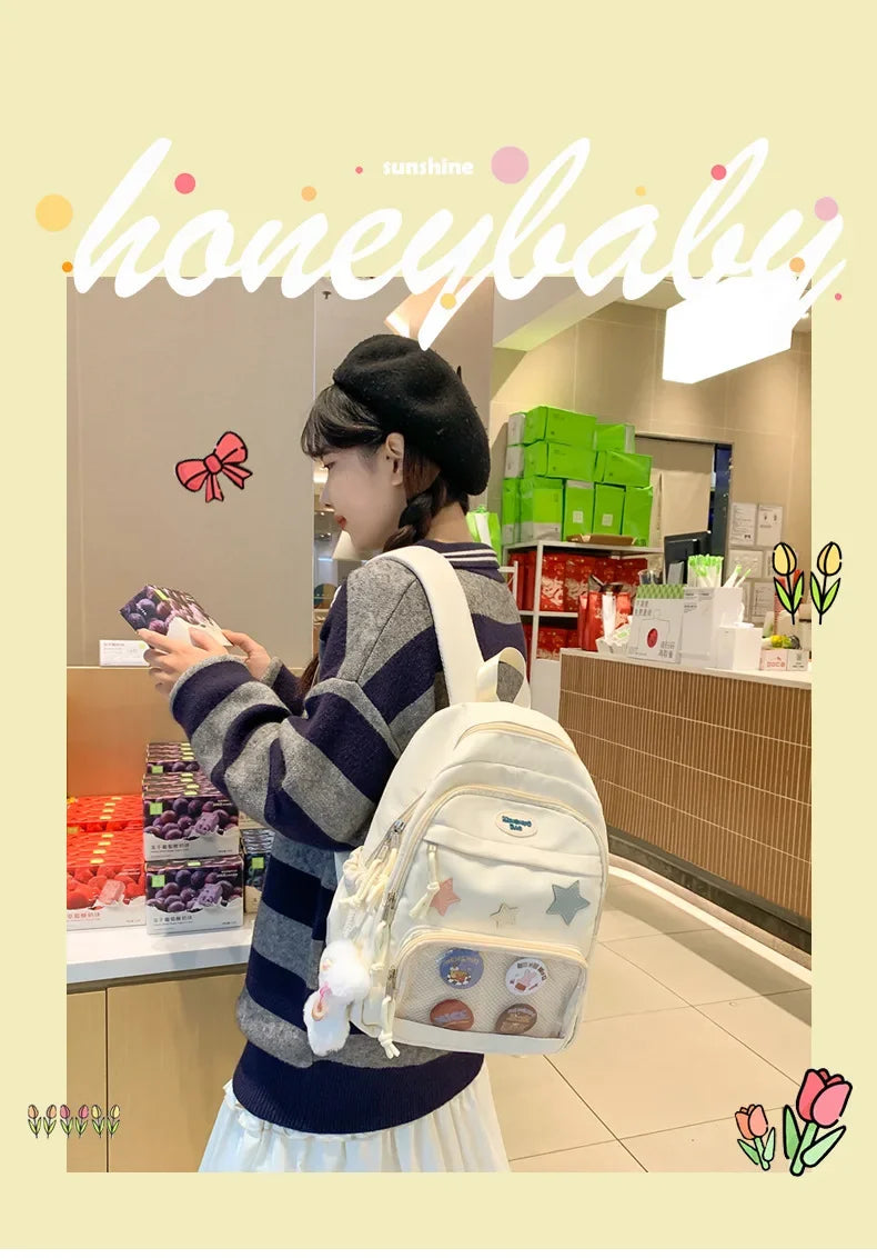 Casual Transparent Badge Large Capacity Commuter Backpack Suitable for Middle School Students Cute School Style Double Shoulder