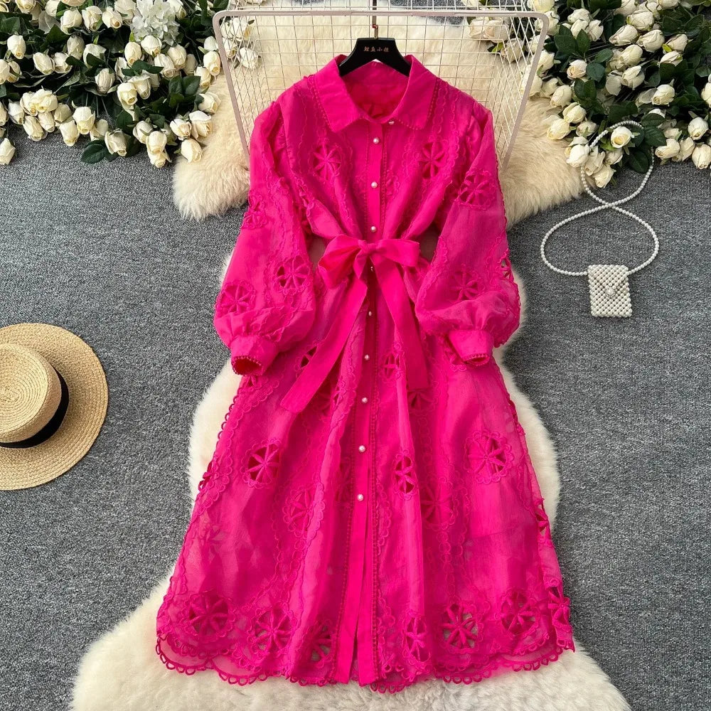 Elegant Embroidery Vintage Lantern Sleeves Lapel Single Breasted Chic Bandage Slim Long Dresses Women High Street Clothing
