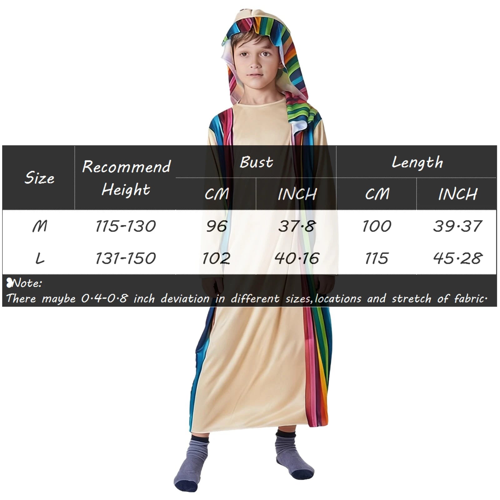 Boys Ethnic Gown Beige Rainbow Stage Clothing Striped Tunic Hooded Capelet Themed Cosplay Party 2026 Stylish Lively Outfit Abito