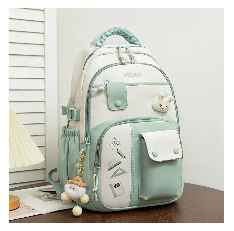 New cute rabbit children school backpack Fashionable splicing color contrast fresh lady knapsack kids schoolbags bring a doll