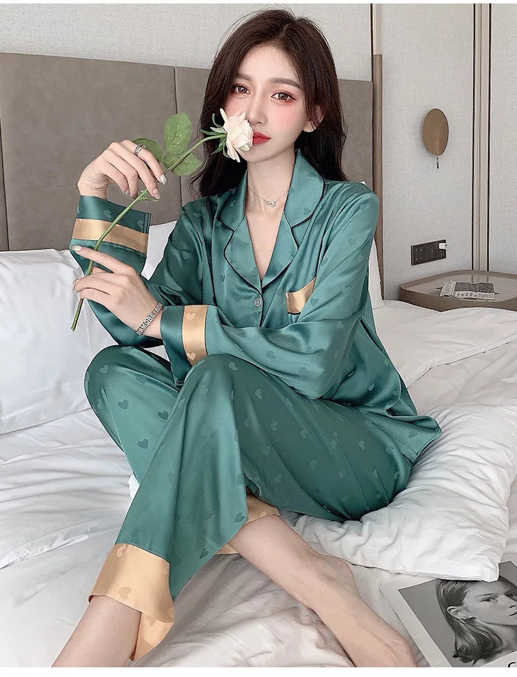 Top Autumn New Ice Silk Women Pajama Lapel Button Cardigan Outfits for Women 2 Piece Set Fashion Printing Set Clothes for Women