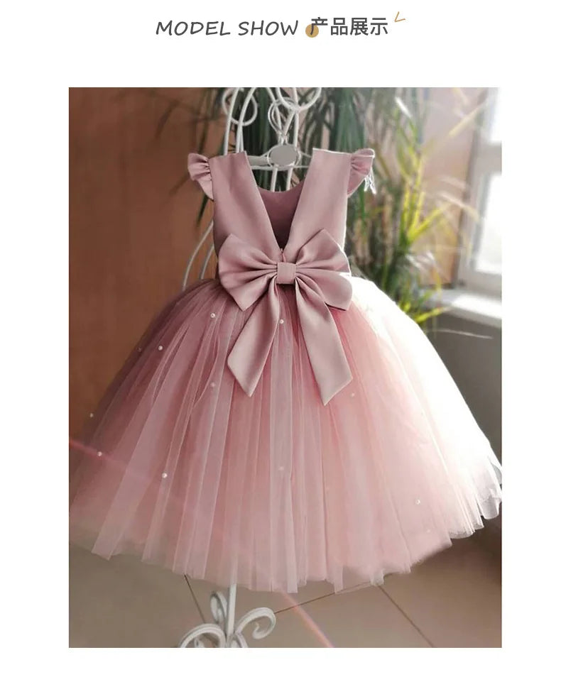 Baby Girl Party Dress Back Bow Elegant Flying Sleeve Mesh Tutu Dress with Pearl Solid Flower Girl Wedding Dress Birthday Gowns