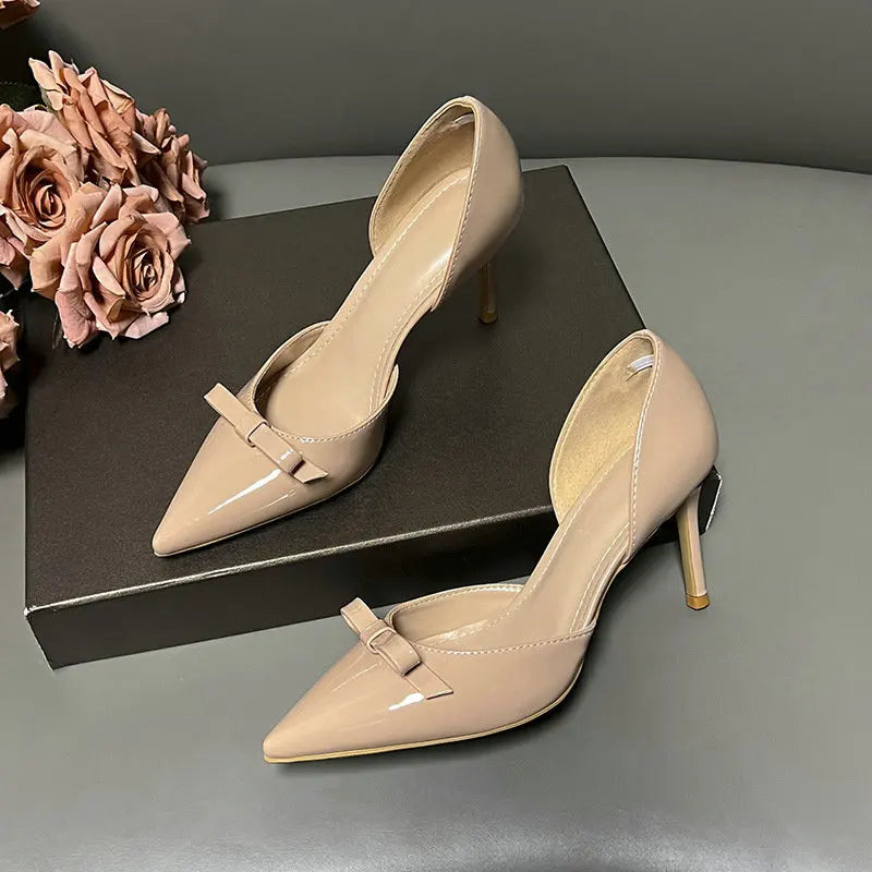 New Autumn Patent Leather Nude High Heels Thin Heel Pointed Bow Korean Version
