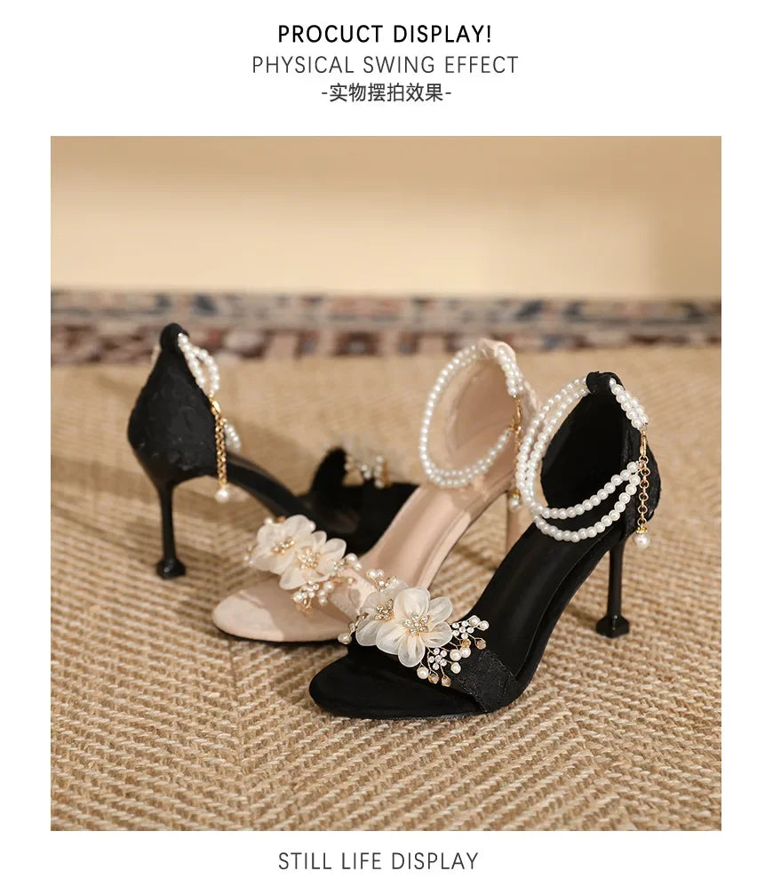Small Size 31 -43 Women Peep Toe Sandals Wedding Heels Wide Fat Feet Shoes for Women Pearl Flower Bridal Shoes Zaptos Mujer