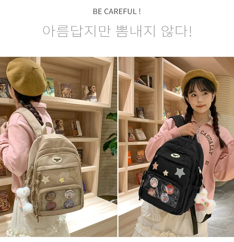 Casual Transparent Badge Large Capacity Commuter Backpack Suitable for Middle School Students Cute School Style Double Shoulder