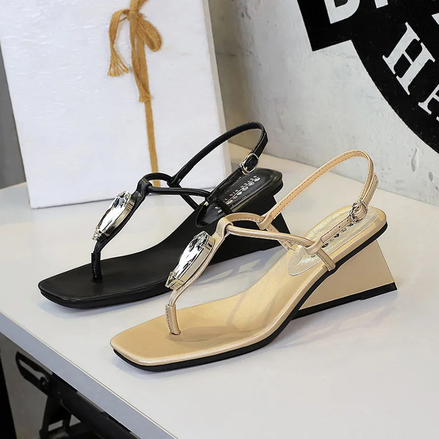 Wedge Heel with Herringbone Sandals Women's Rhinestone Thin Strap Toe Women's High Heels