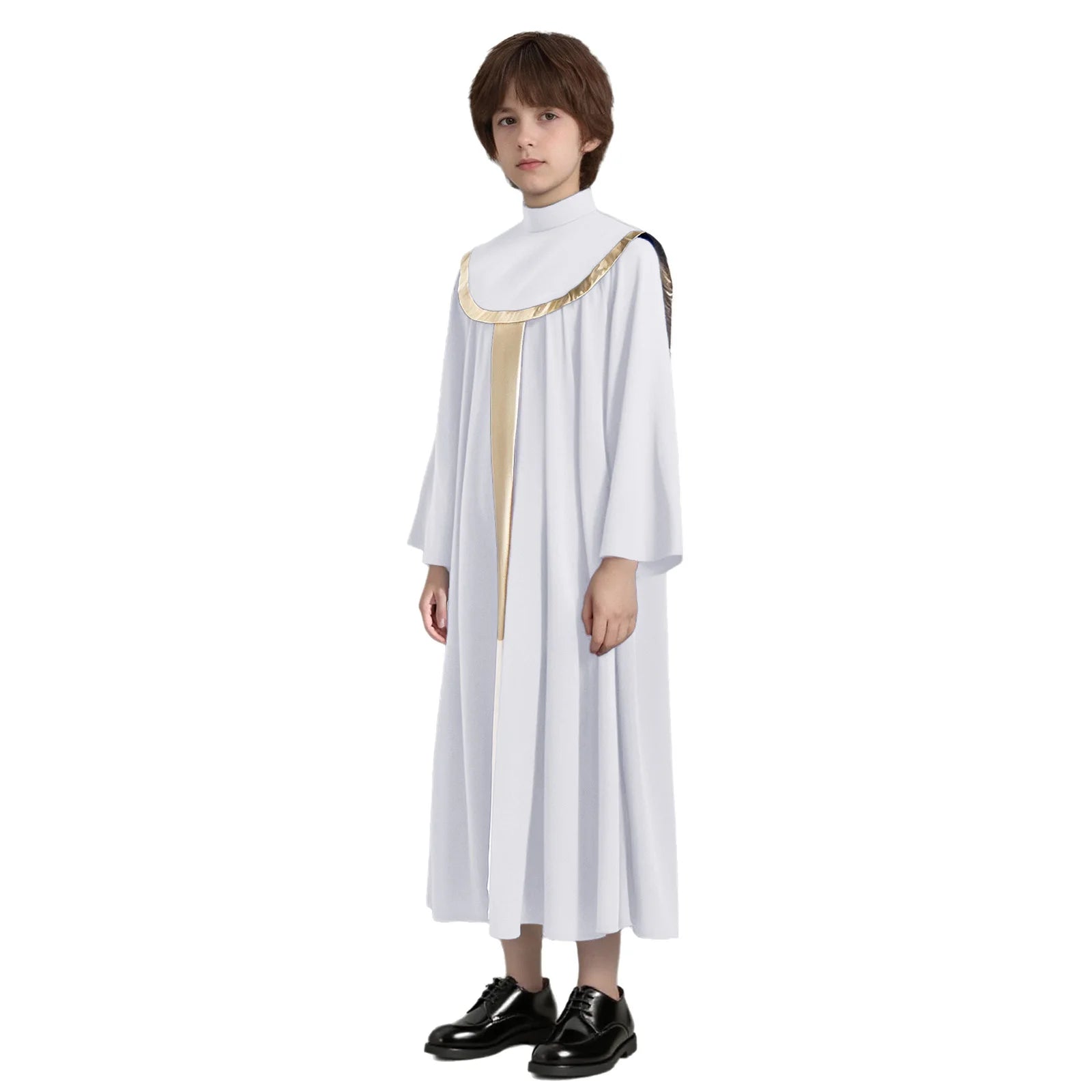 Boys Girls Choir Robe Liturgical Worship Praise Dance Costume Long Sleeve Metallic Color Block Patchwork Pleated Dress Grown