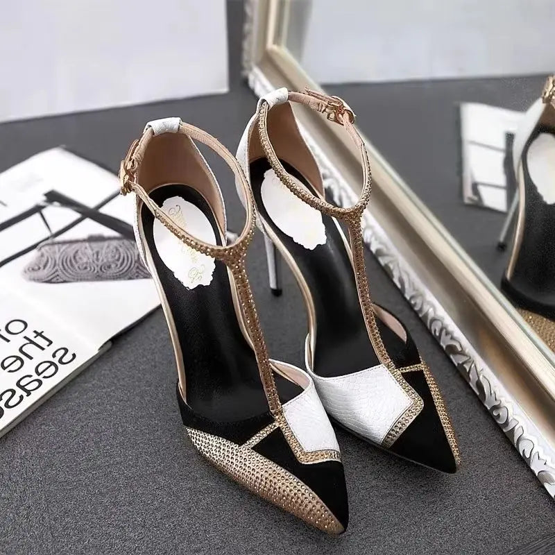 Spring and summer pointed toe hollow patent leather shoes thin high-heeled banquet dress large size small size women's sandals