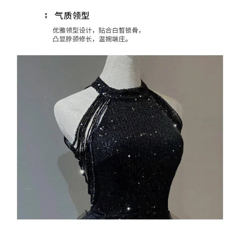 Black Sequined Evening Dress, High-end Light Luxury Hanging Neck Dress, High-end Feeling, Annual Meeting Art Exam for Women