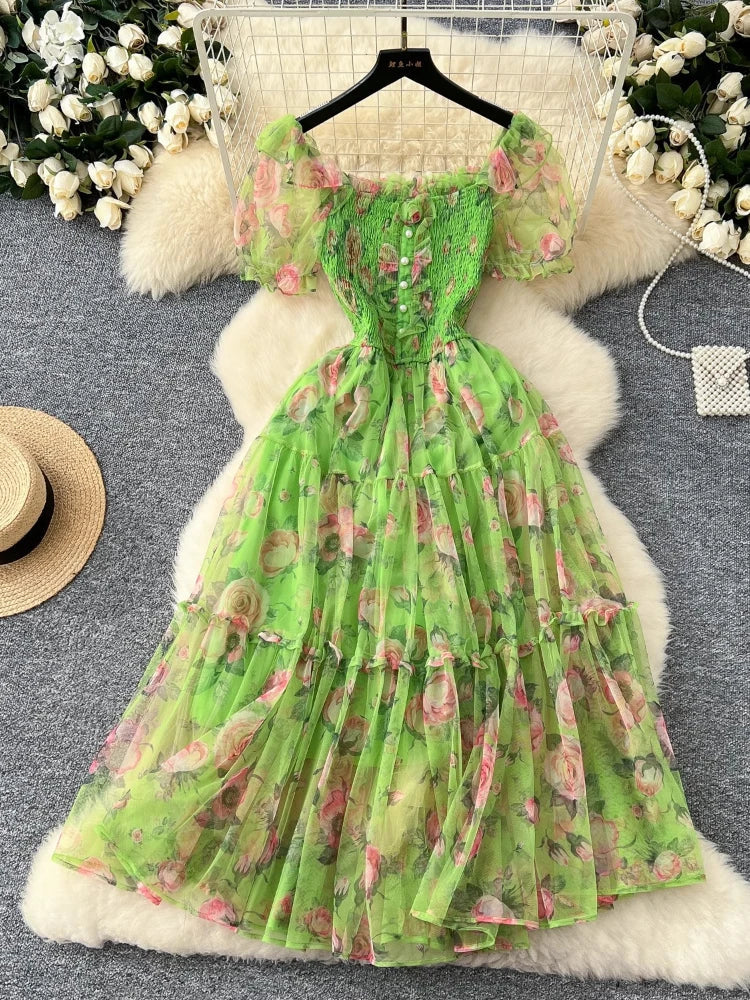 French Sweet Long Dresses Flower Print Slash Neck Puff Sleeve Pleated Patchwork Dress Summer Fashion Elegant Women Clothing 2025