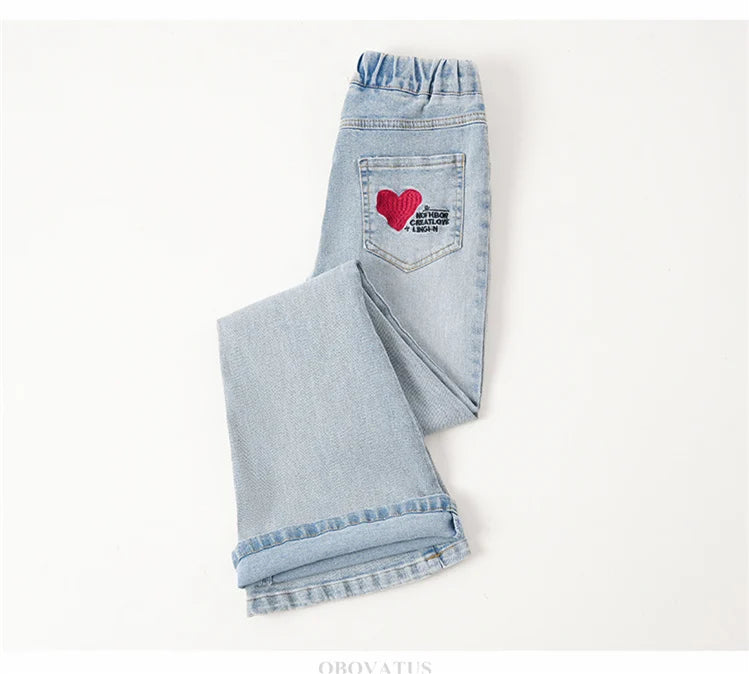 Child Slim Close-fitting Heart Pattern Flared Jeans For Girls Elegant Boot Cut Denim Leggings Pants Kids Fashion Jeans Trousers