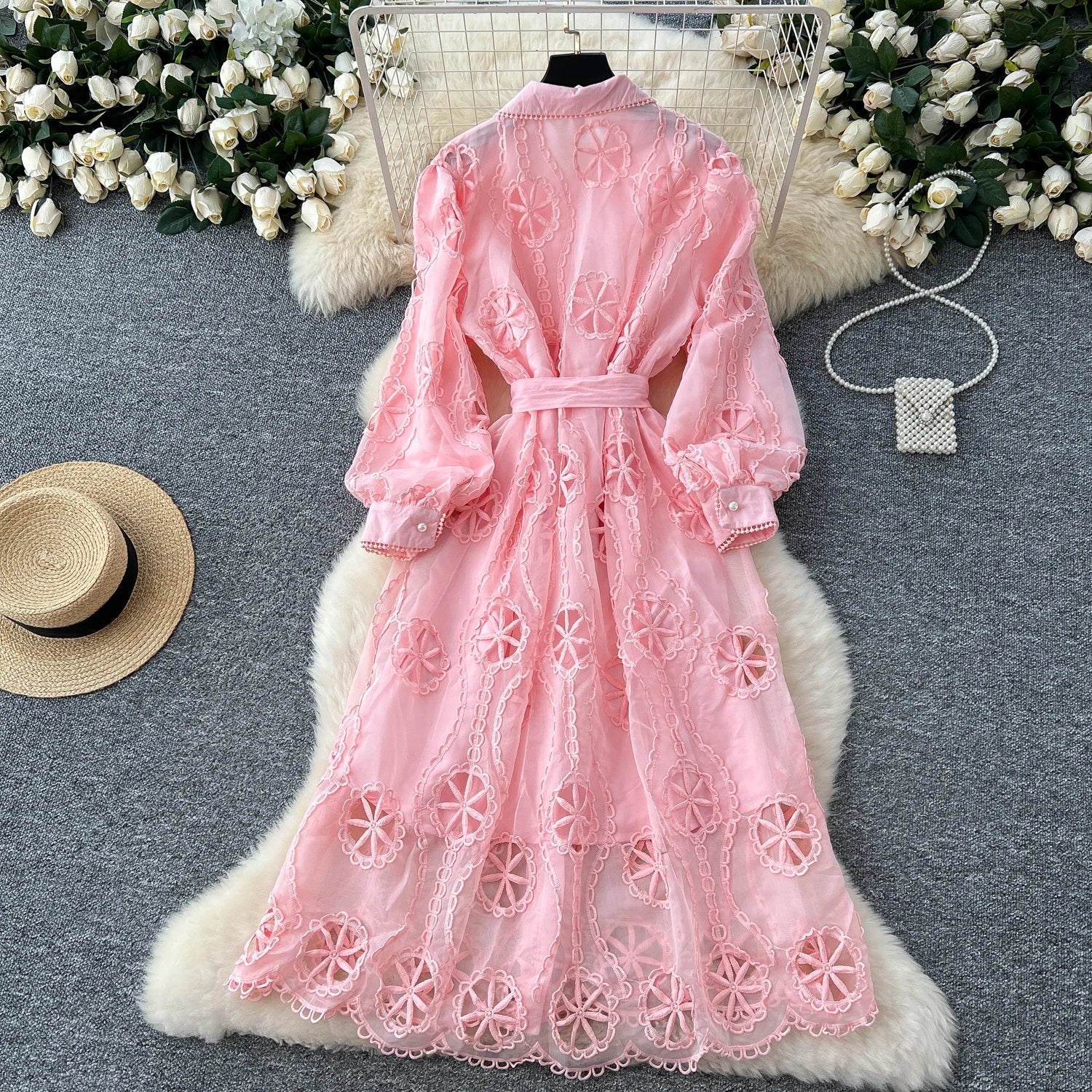 Elegant Embroidery Vintage Lantern Sleeves Lapel Single Breasted Chic Bandage Slim Long Dresses Women High Street Clothing