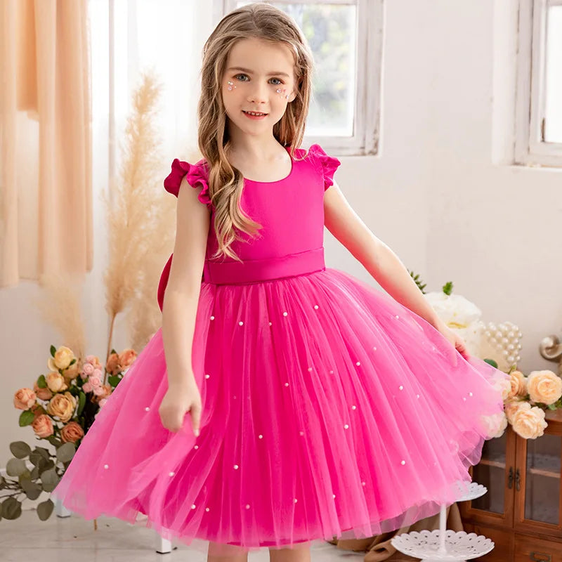 Baby Girl Party Dress Back Bow Elegant Flying Sleeve Mesh Tutu Dress with Pearl Solid Flower Girl Wedding Dress Birthday Gowns